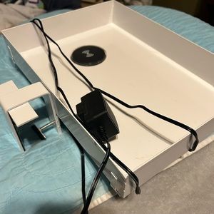 Dorm bedside tray and wireless charger from Bed Bath and Beyond.